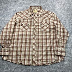 Wrangler‎ Mens Brown/Creme Madras Plaid Pearl Snap LS Button Down Shirt Size 2XL